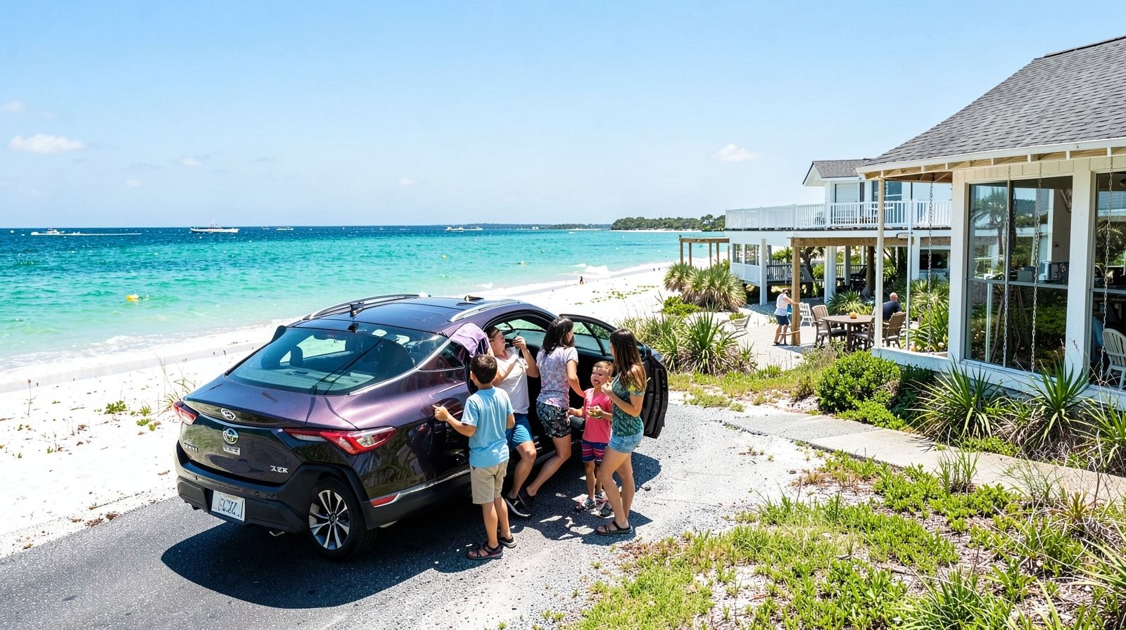 A family unloading their car at a sunny Destin Florida vacation rental with a glimpse of emerald Gulf water