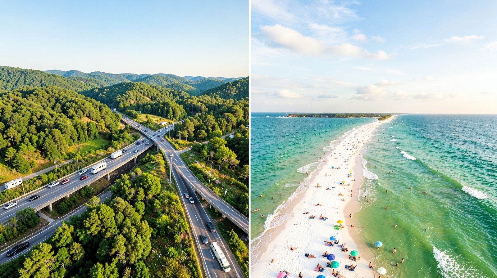 Aerial view of an interstate highway cutting through rolling green Appalachian hills in summer