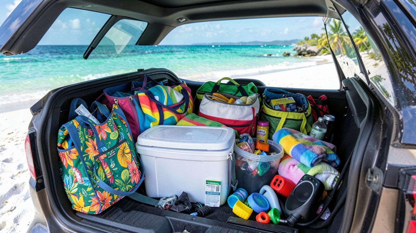 A car trunk packed neatly with beach bags, a cooler, towels, and vacation gear for a road trip