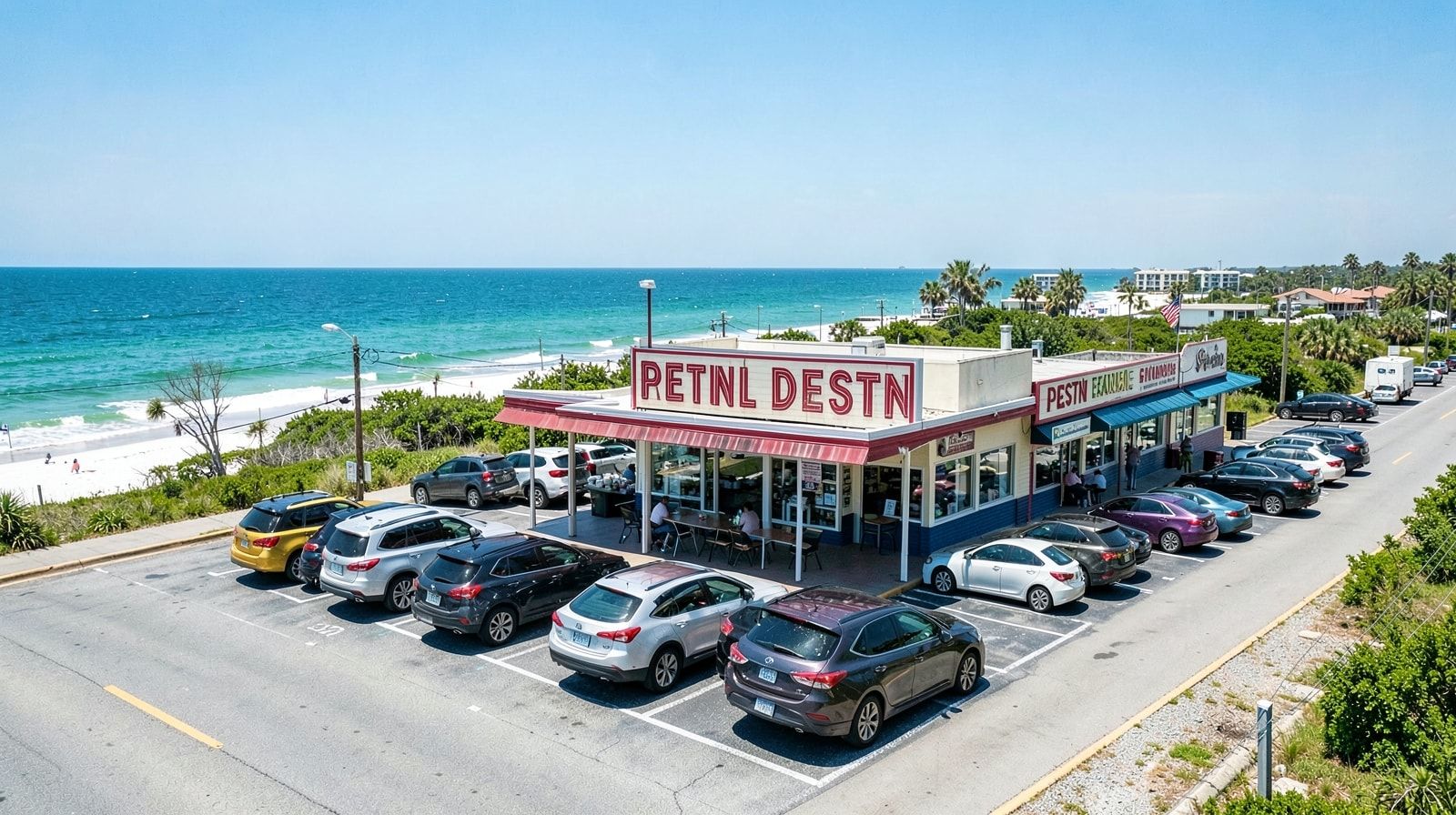 A busy roadside diner with cars in the parking lot along a southern highway on a sunny day