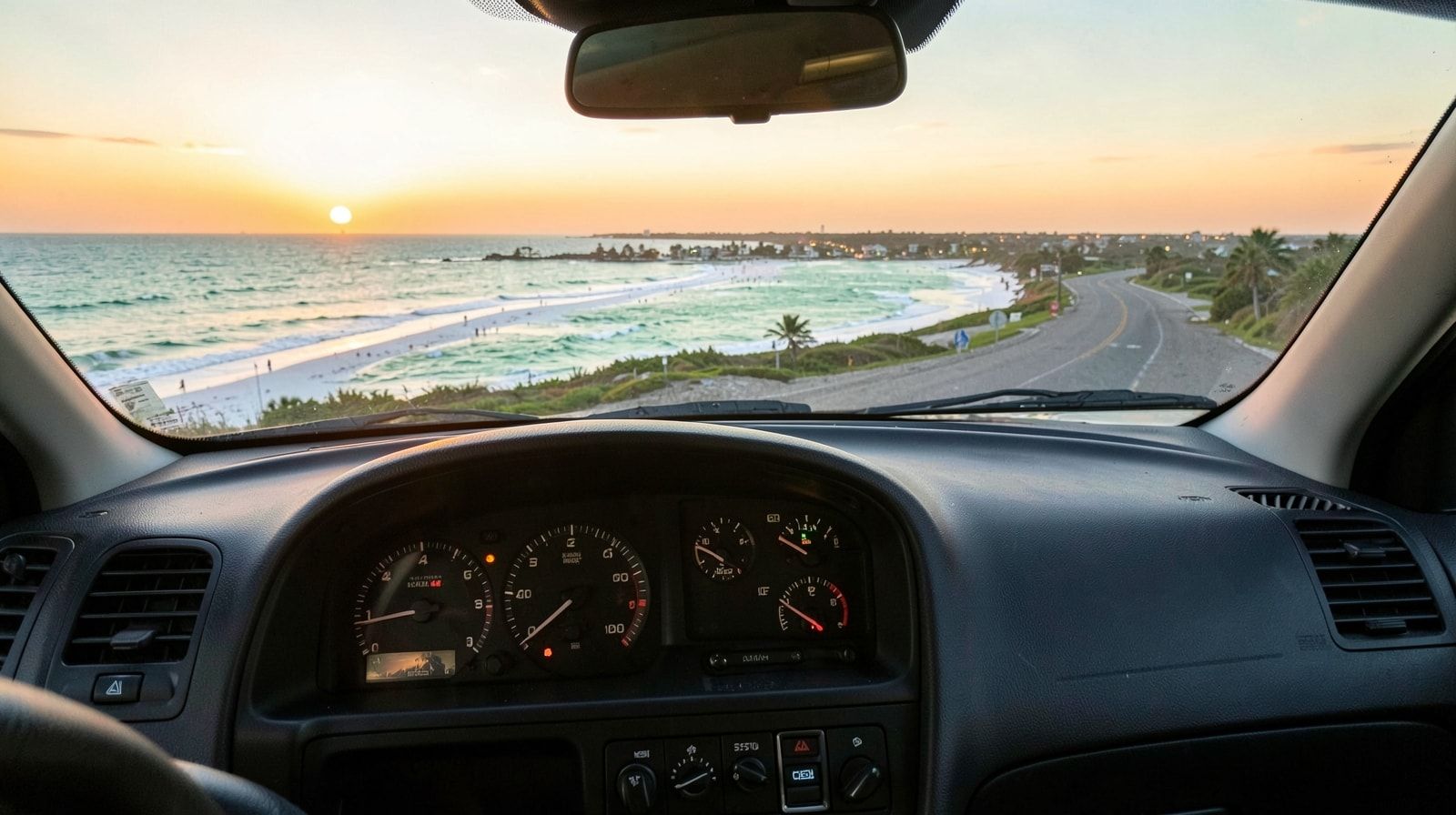 A car dashboard at dawn with sunrise glowing on the horizon ahead during a long road trip