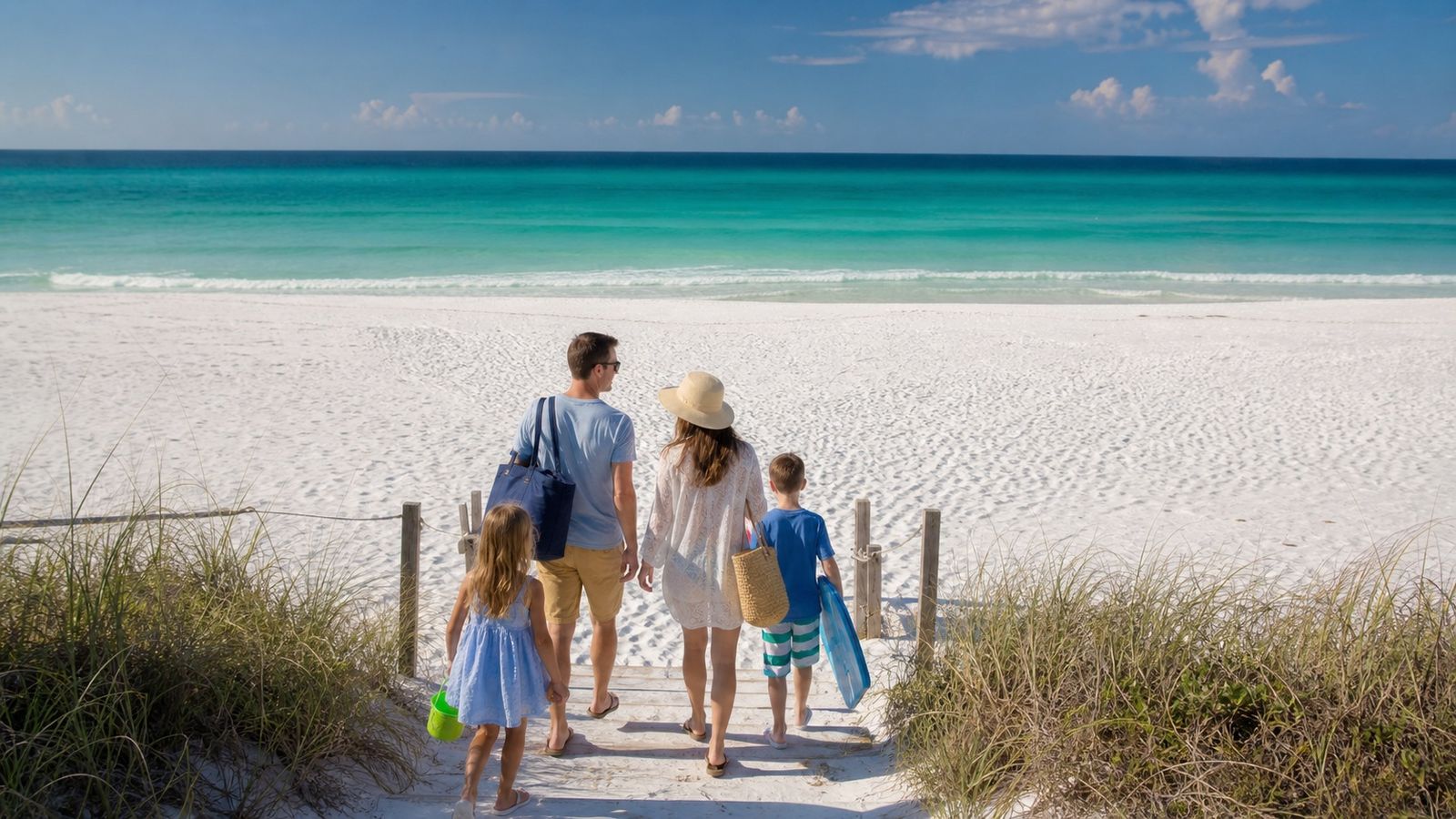 First view of Destin Florida from scenic Highway 98, emerald green Gulf water visible between palm trees and beach access signs in late afternoon summer light