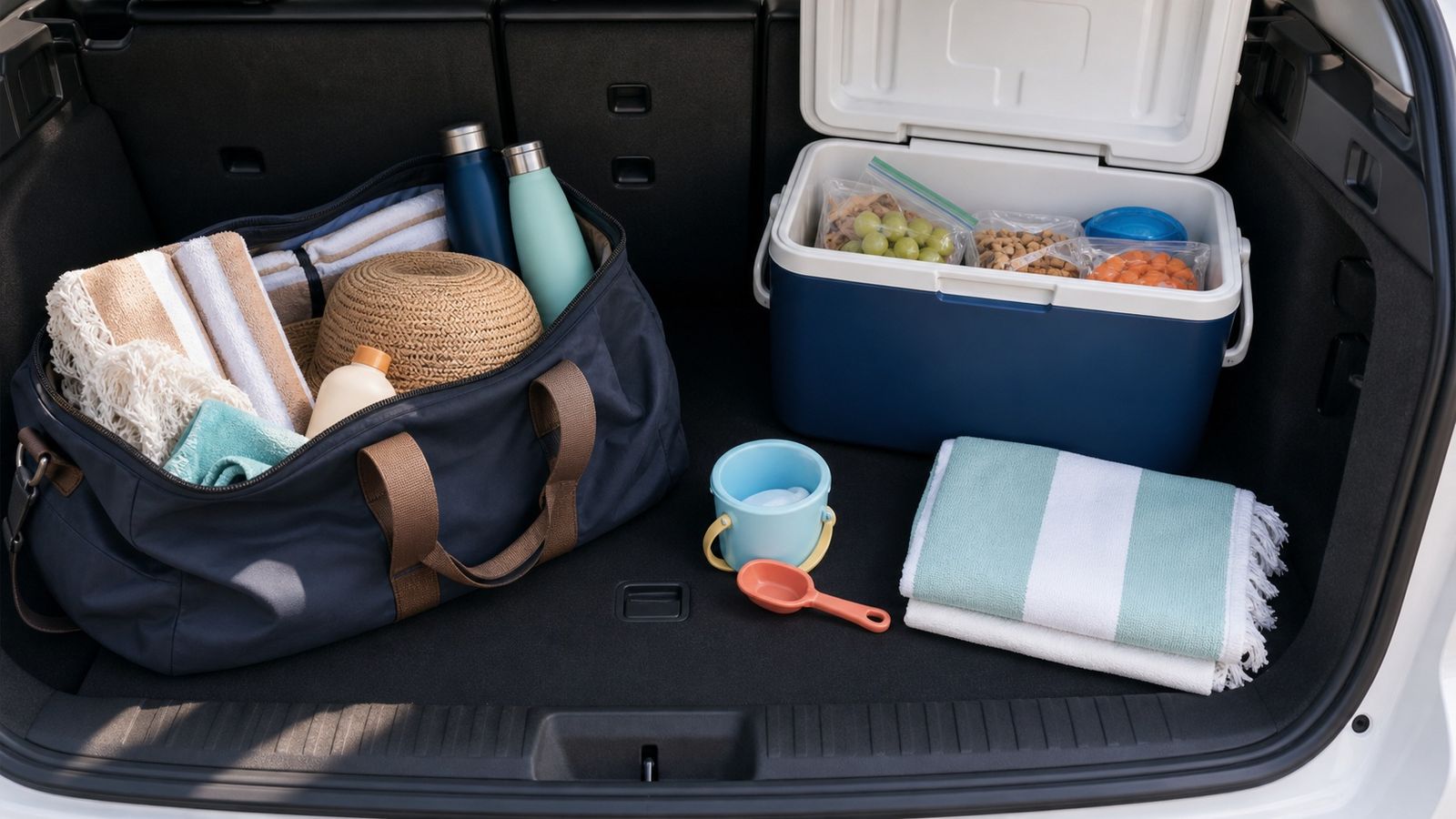 Car trunk neatly packed for a beach road trip with beach chairs, colorful towels, a cooler, umbrella, and sandals on a sunny morning