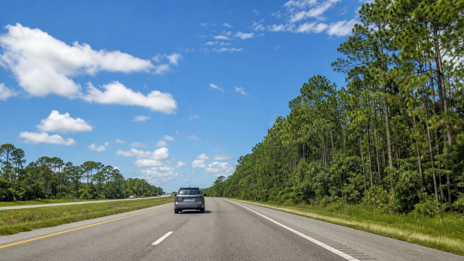 Open four-lane interstate highway heading south through Georgia pine forest on a sunny summer morning with blue sky and light traffic