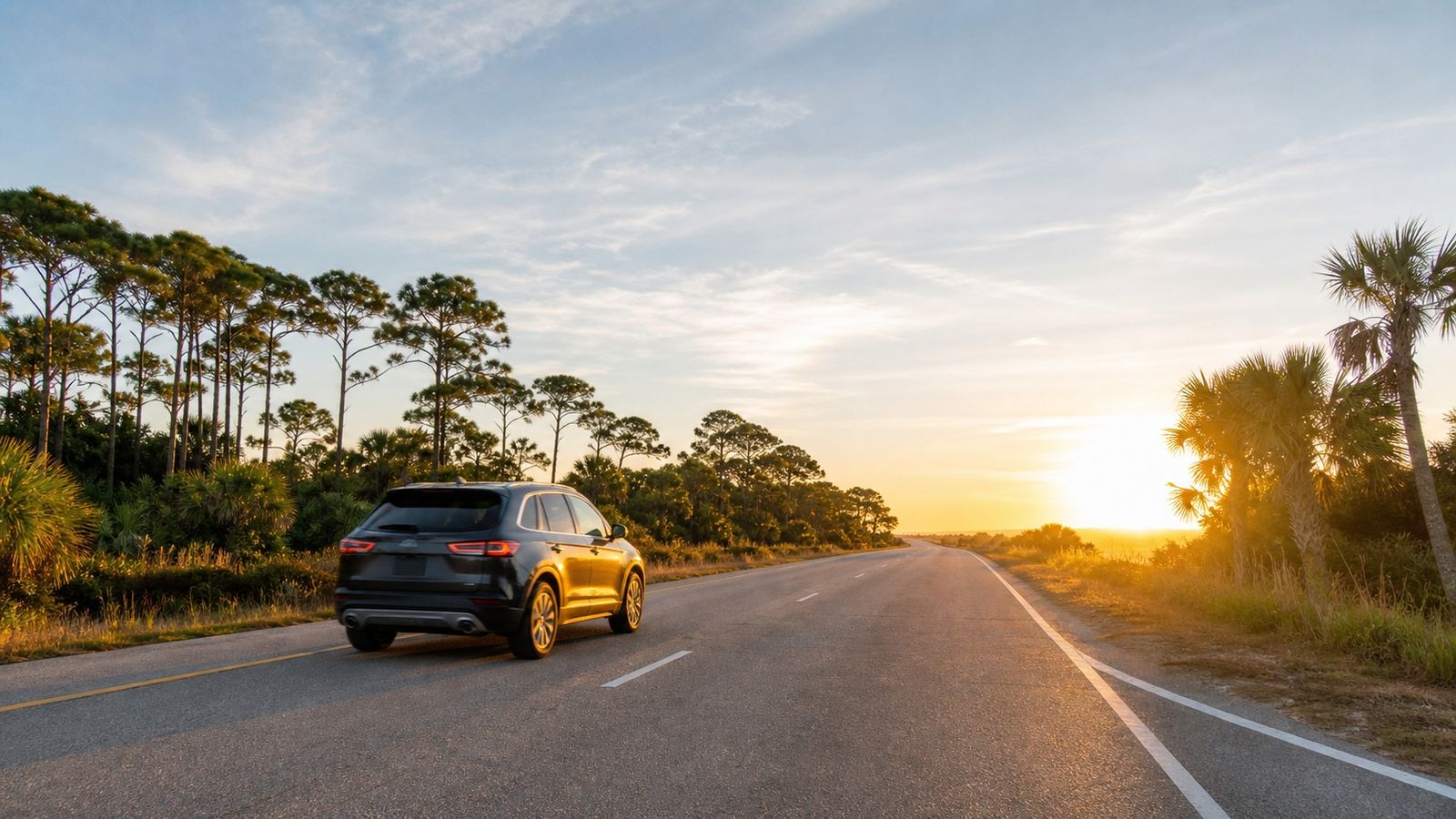 Family loading beach bags and suitcases into a silver SUV in a driveway at dawn, preparing for a summer road trip to Florida