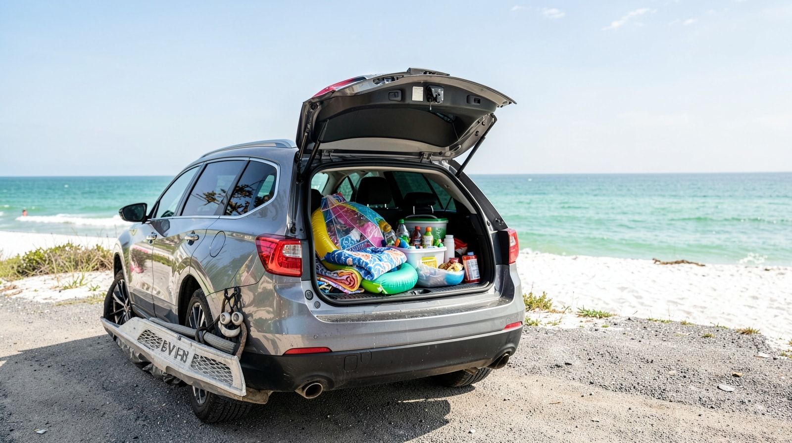 Car trunk packed with beach gear and cooler for the road trip from Tulsa Oklahoma to Destin Florida