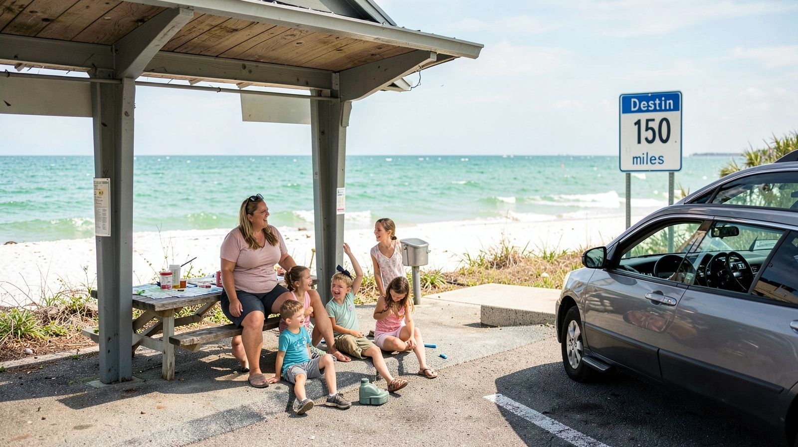 Family stretching legs at a rest stop on the drive from Tulsa Oklahoma to Destin Florida