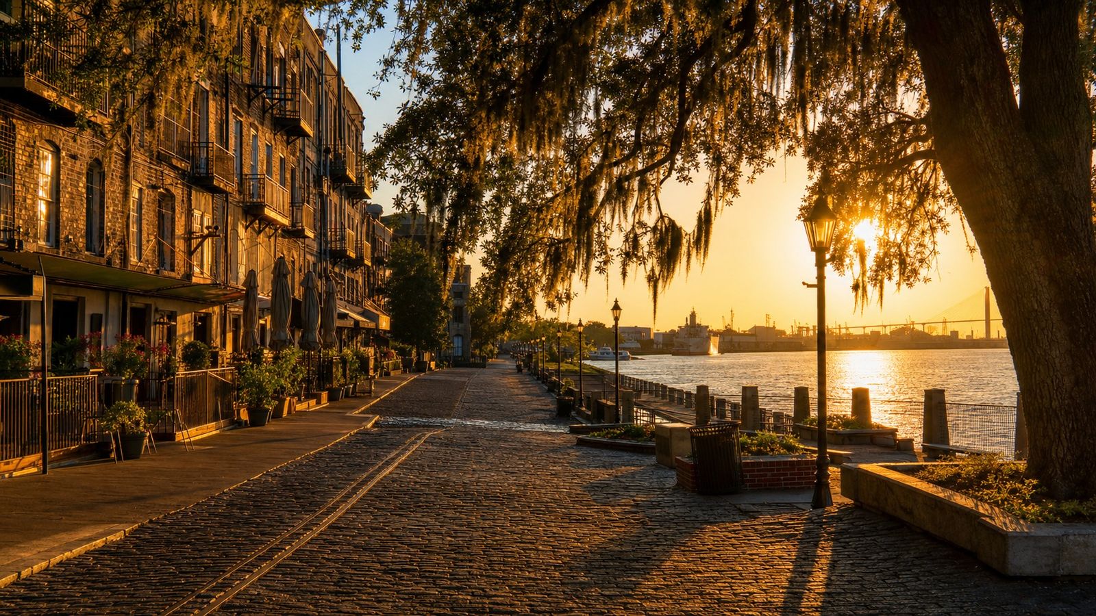 Savannah Georgia River Street at golden hour with cobblestones, Spanish moss, and historic waterfront buildings