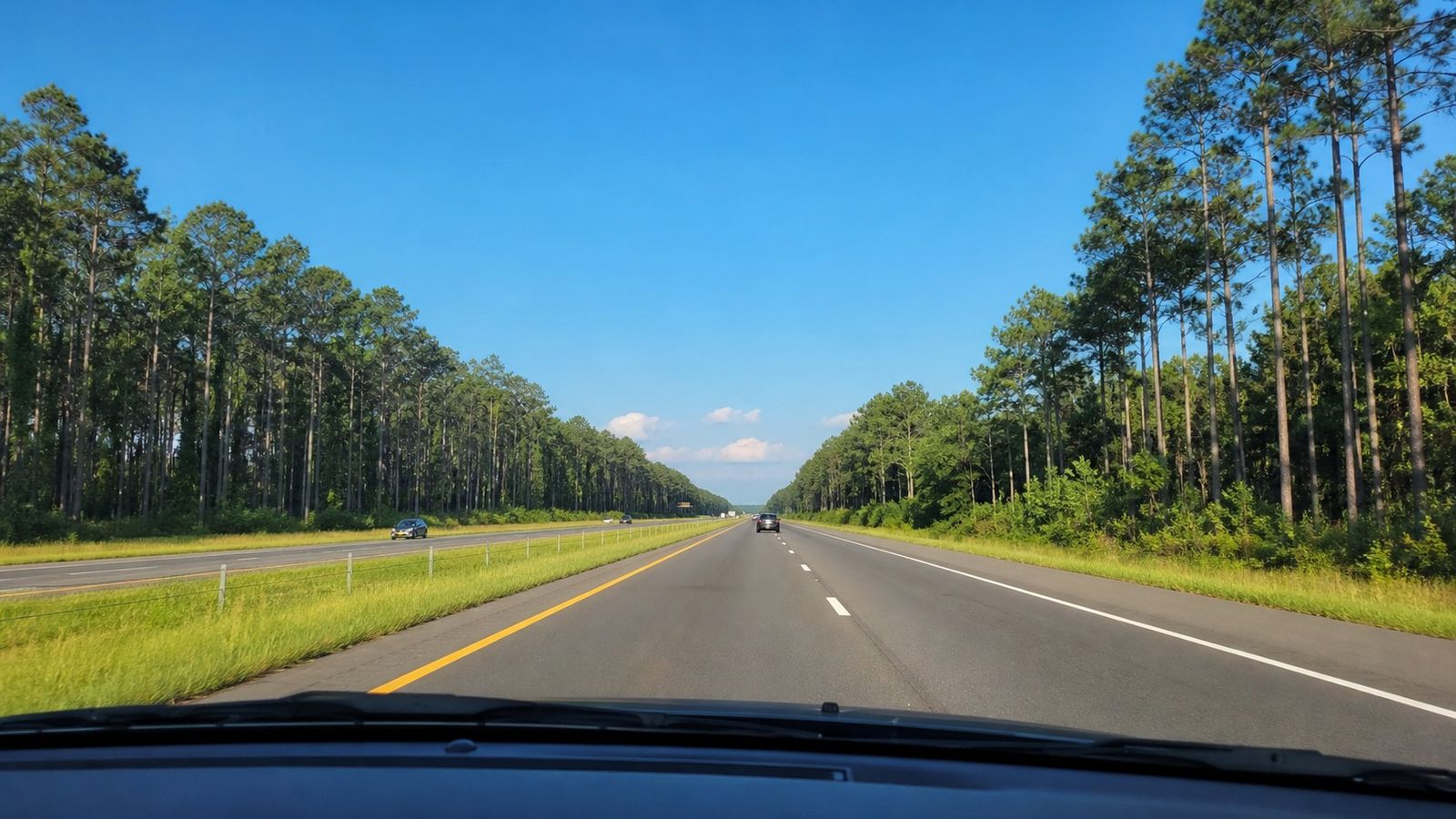 Driver's view through the windshield driving I-95 South through the Carolinas toward Florida