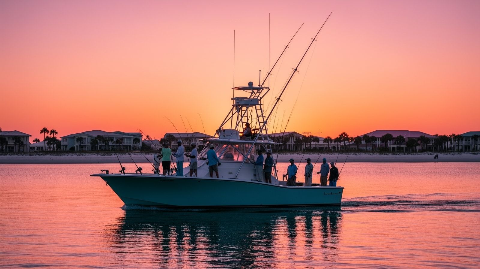 Sport fishing charter boat returning to Destin Harbor at sunrise in October with anglers silhouetted against an orange and pink sky