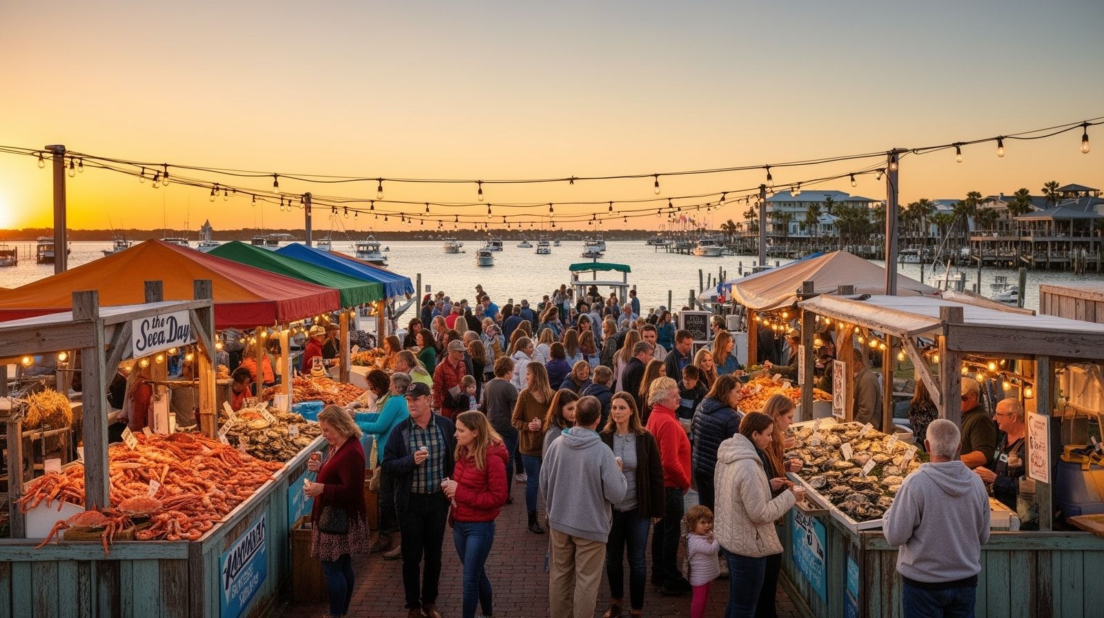 Outdoor seafood festival at Destin Harbor with string lights, seafood booths, and crowd of visitors on a warm fall evening