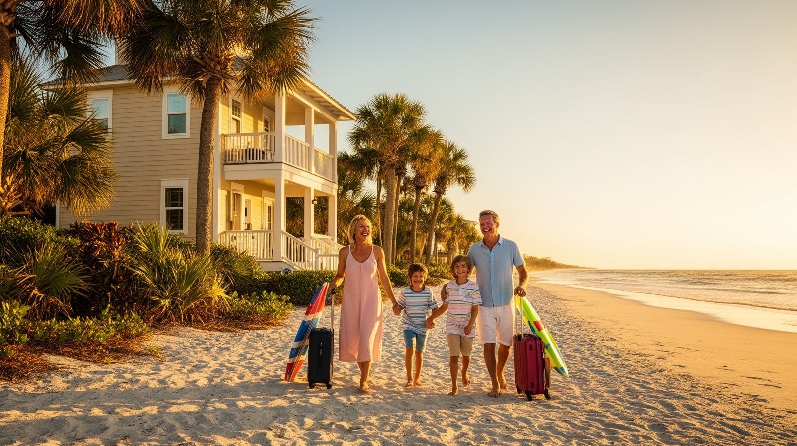 Family of four arriving at a Miramar Beach vacation rental house in early fall with sunshine and palm trees