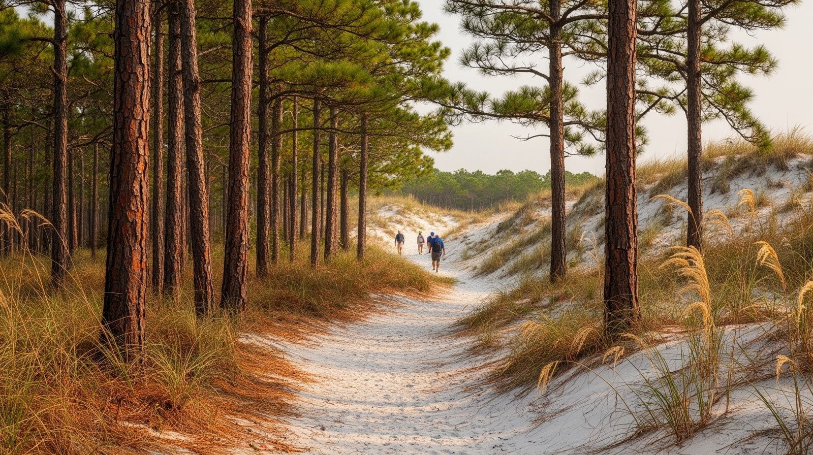 Hikers on a sandy coastal dune trail through tall longleaf pines at Topsail Hill Preserve State Park near Destin Florida in October