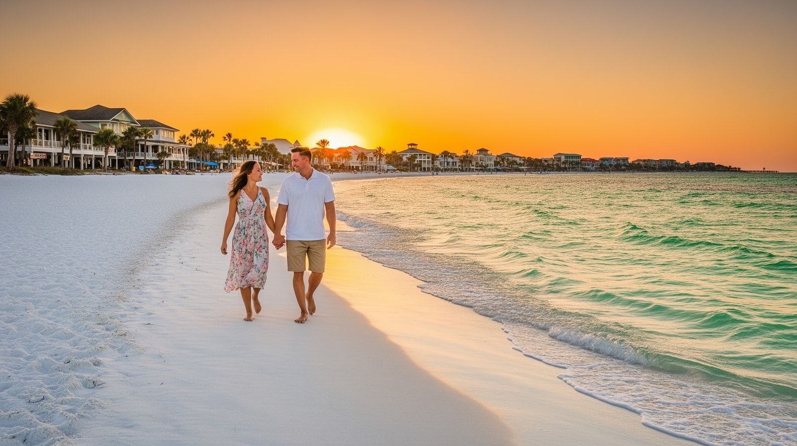 Couple walking an uncrowded white sand beach in Destin Florida at sunset in late September with warm amber sky and emerald water