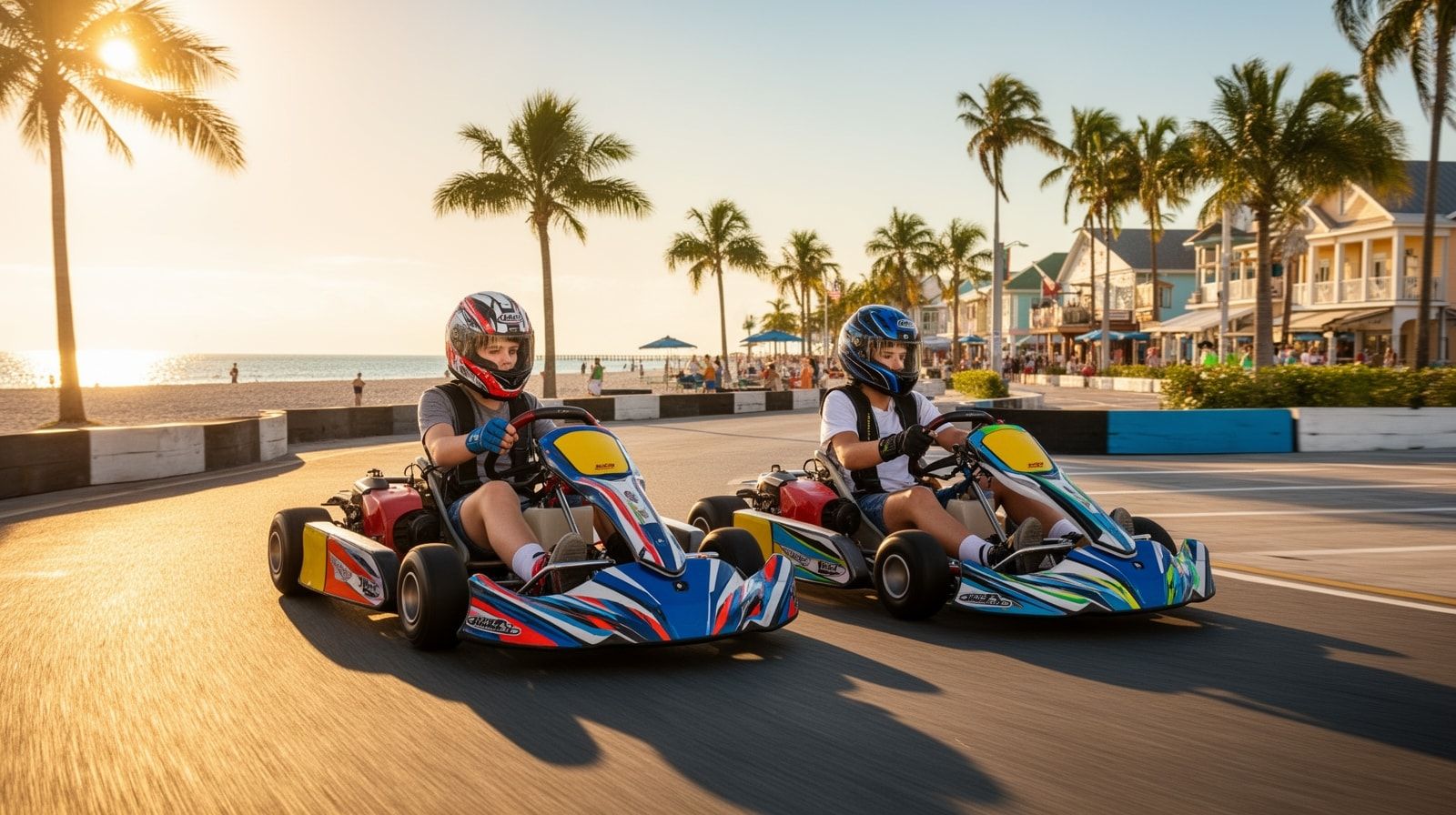 Two teenagers in racing helmets driving go-karts side by side on an outdoor circuit on a sunny summer day