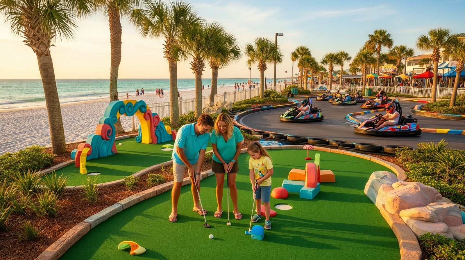 Family playing mini golf at a course next to a go-kart track on Florida's Gulf Coast on a sunny afternoon