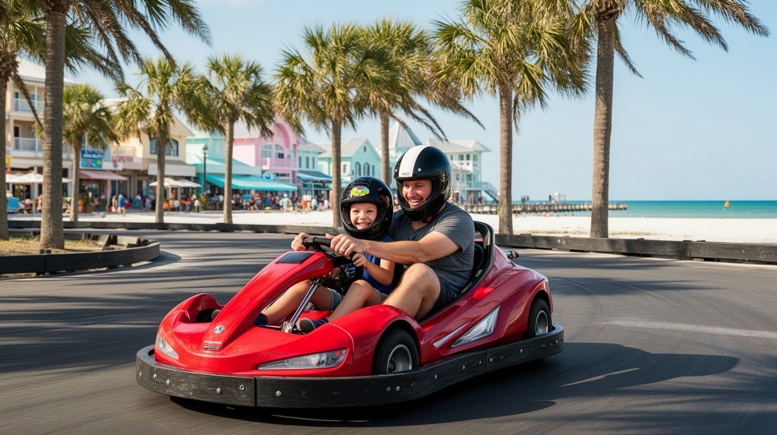 Parent and child in a red double-seat go-kart on a family-friendly track, both wearing helmets and smiling