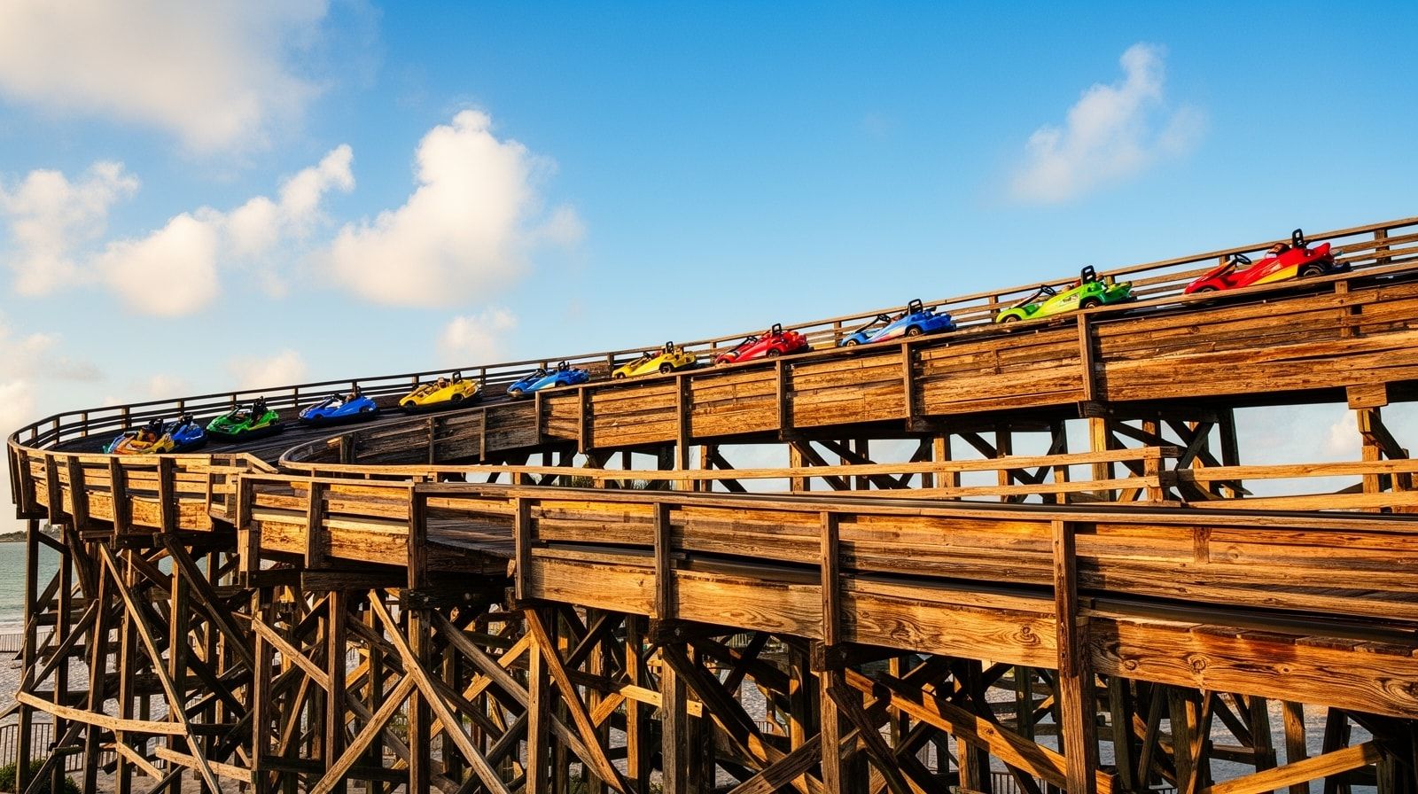 Looking up at a multi-level elevated wooden go-kart track with colorful karts on the upper level under a summer sky