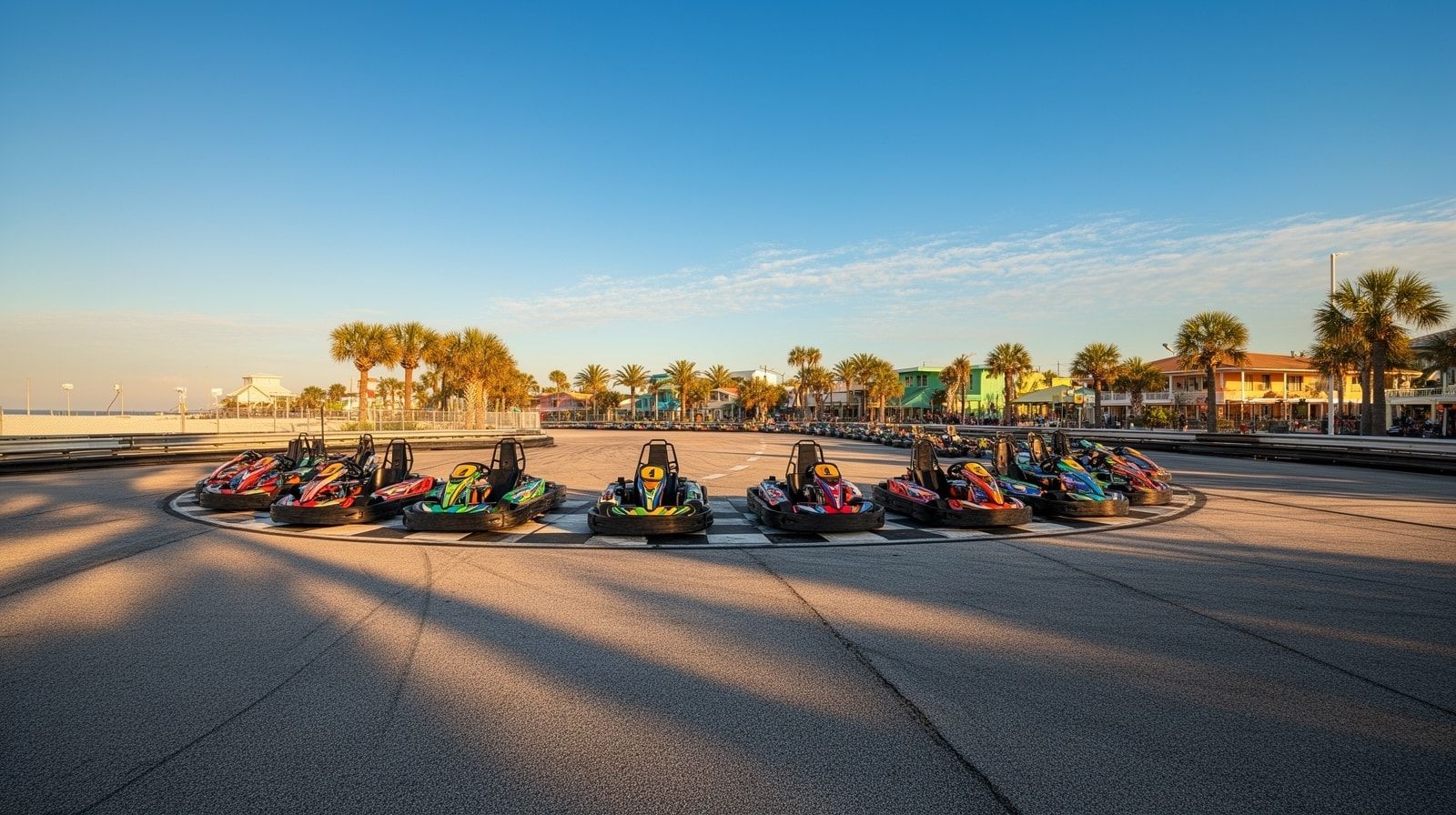 Go-karts lined up at an empty track on a clear morning with long shadows and blue sky, before the crowds arrive