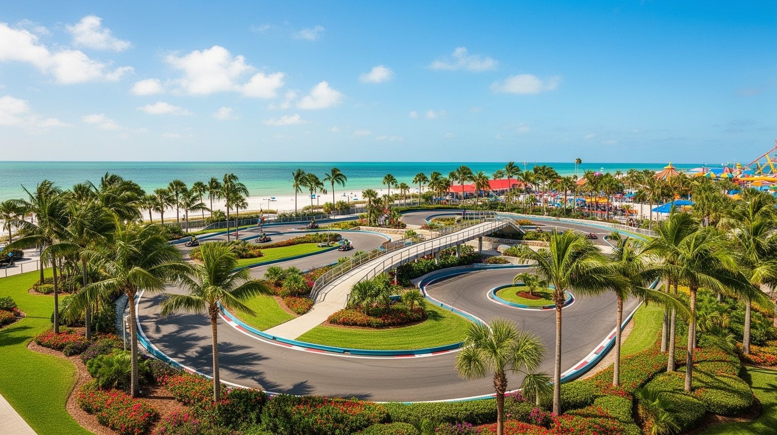 Aerial view of a go-kart circuit at a Gulf Coast family entertainment park with palm trees and summer sky