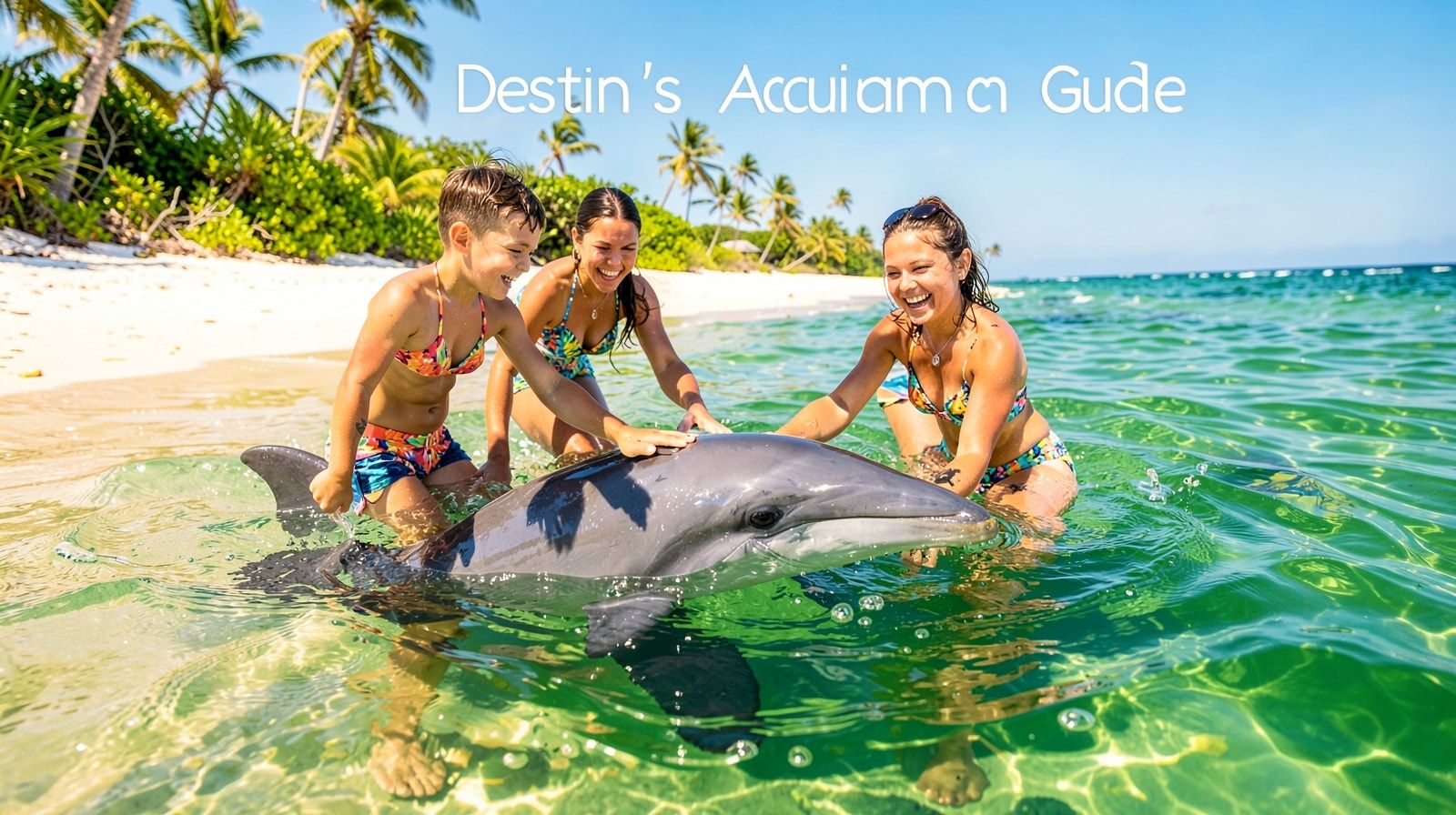 Family wading in shallow water interacting with a bottlenose dolphin at a Florida marine park encounter program on a sunny day