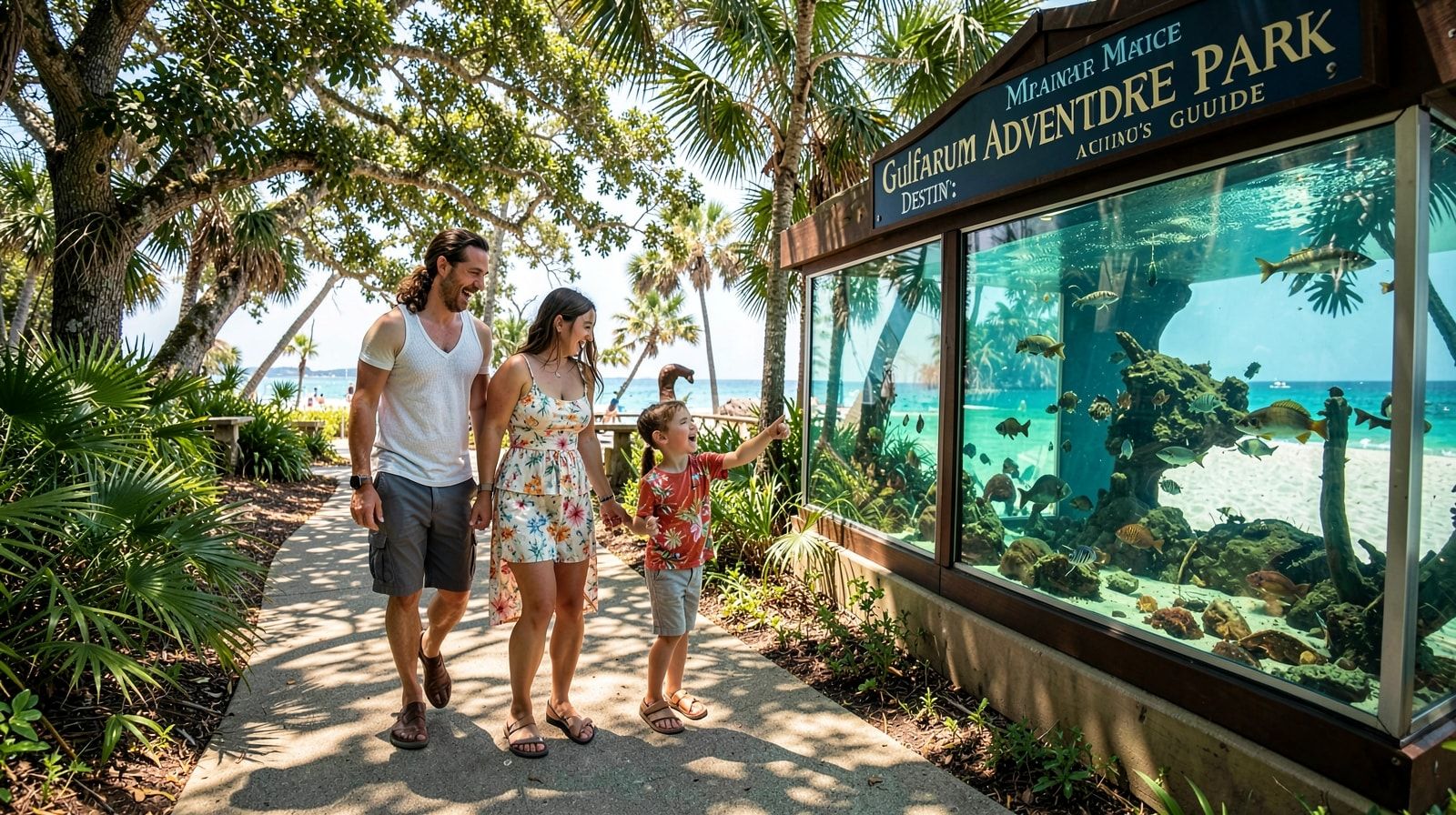 Happy family walking a shaded path at a Florida marine wildlife park in summer pointing excitedly at an exhibit