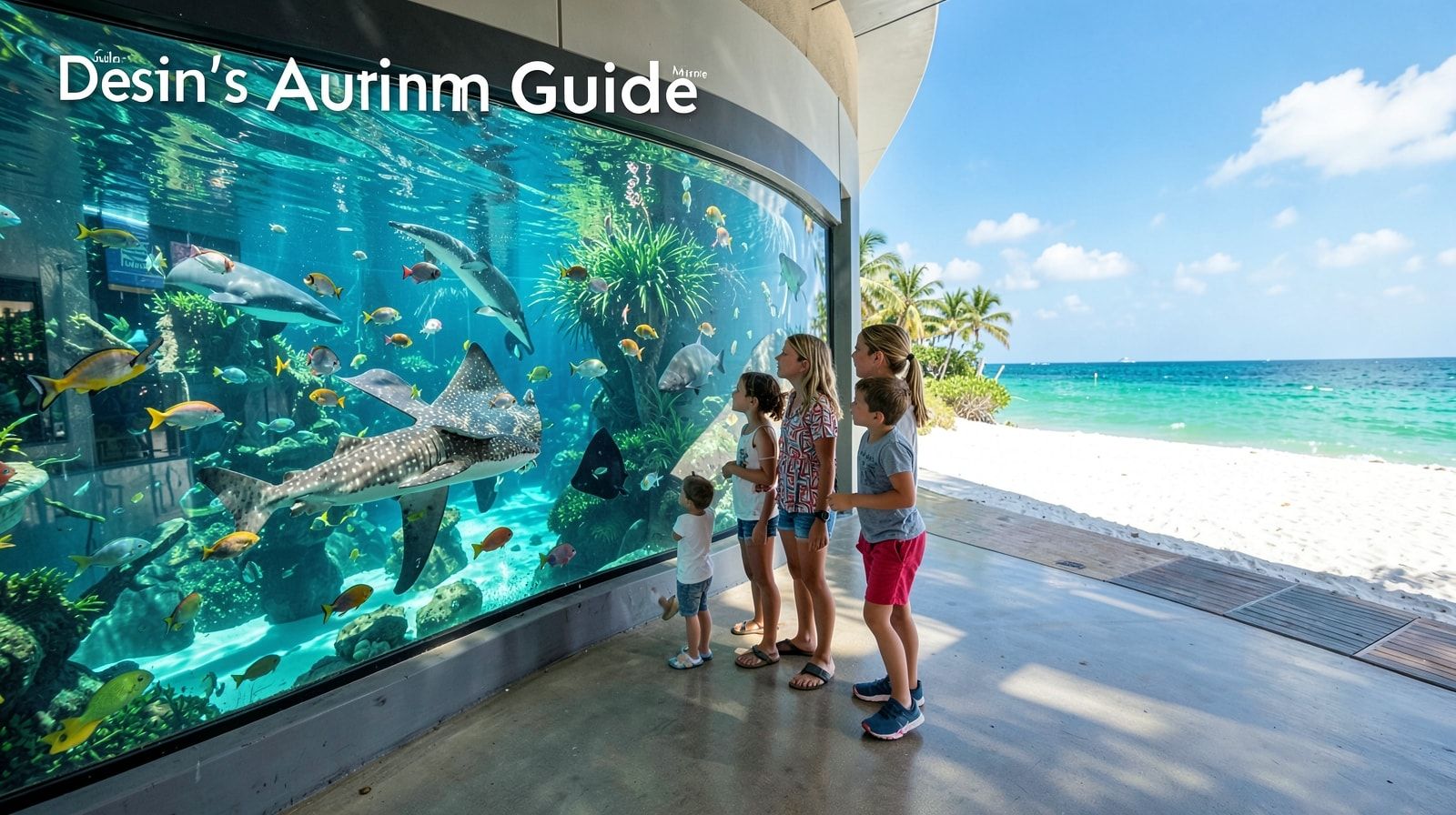Families watching colorful tropical fish, a nurse shark, and a stingray through a large curved aquarium tank at a Florida marine park