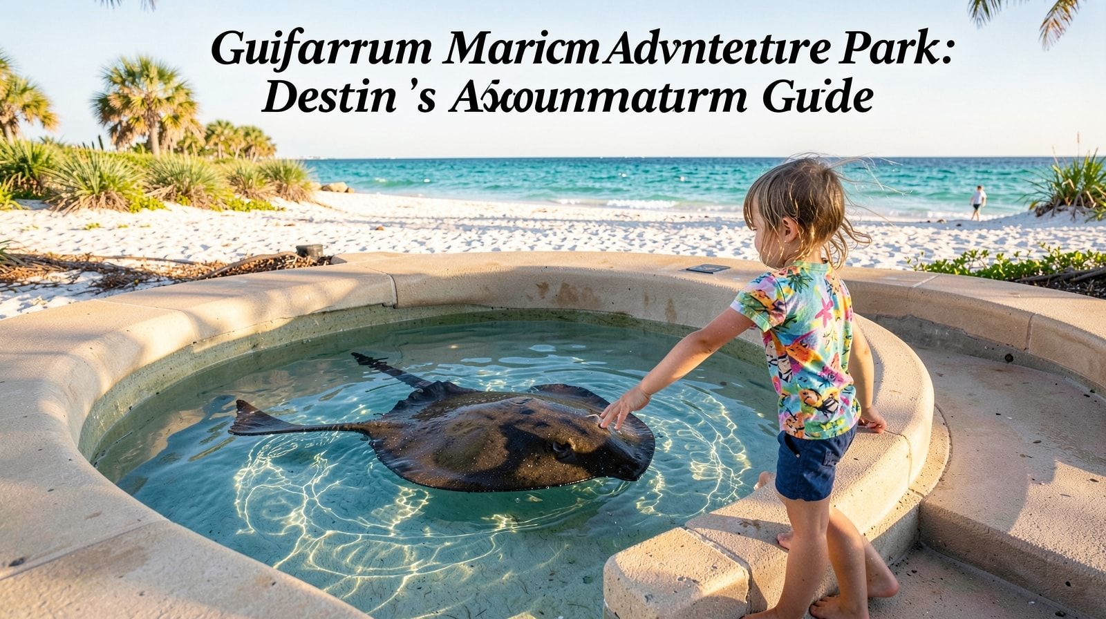 Young child touching a stingray in a shallow circular touch pool at an outdoor Florida marine park