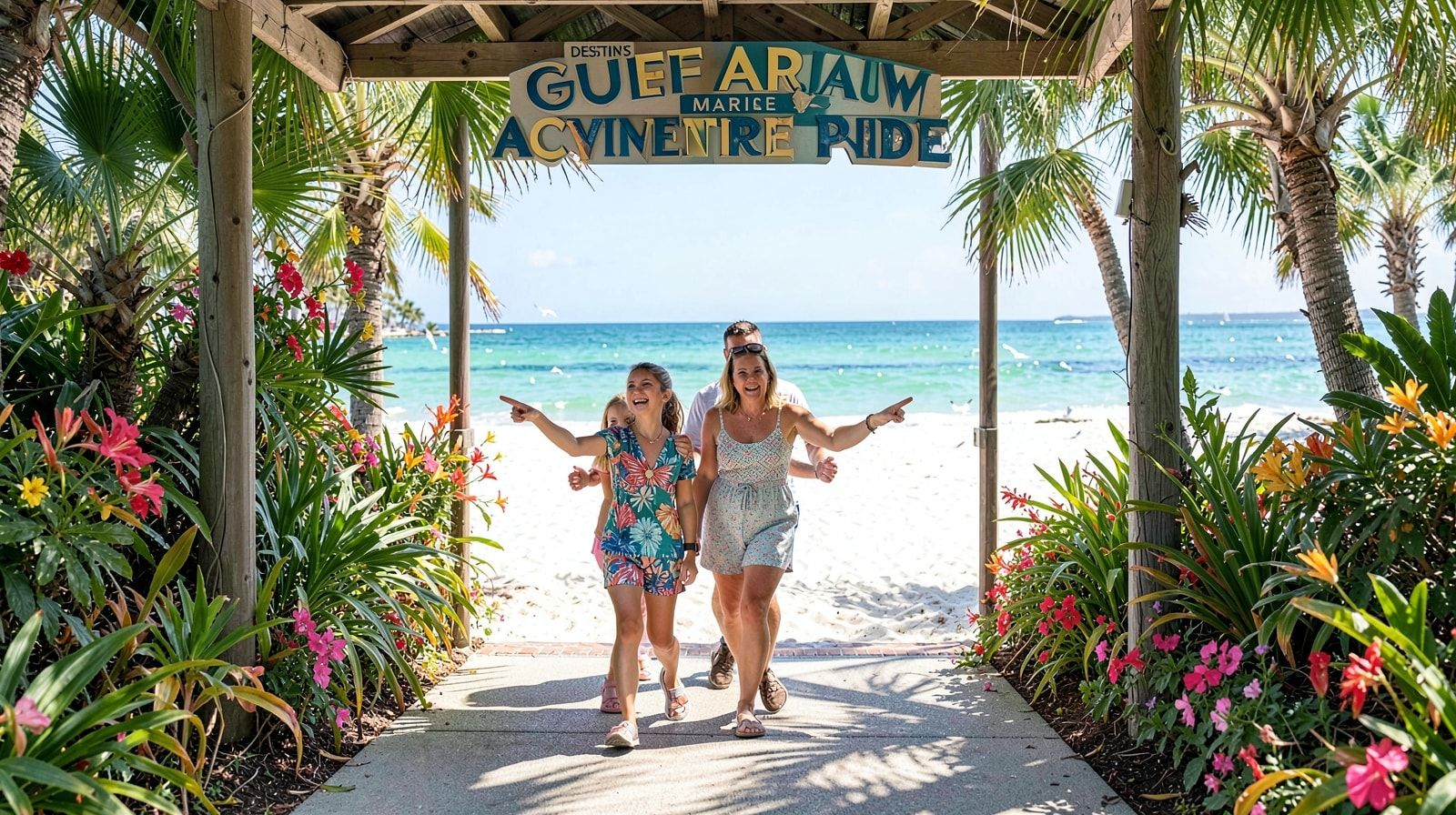 Families entering a Florida marine attraction on a bright sunny morning through a shaded entrance walkway