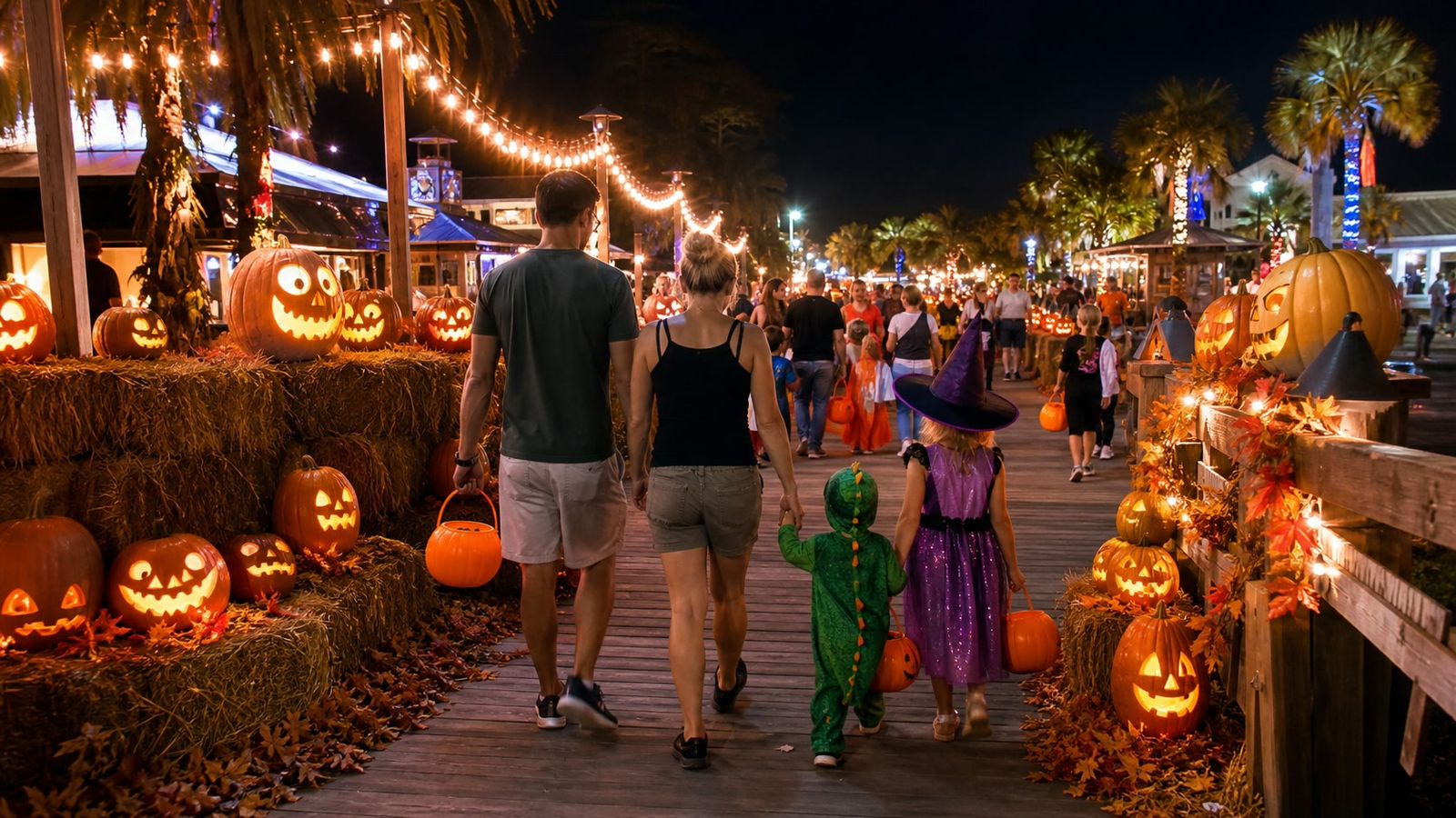 Families with children in Halloween costumes walking through a festively decorated outdoor Halloween event near Destin Florida at night