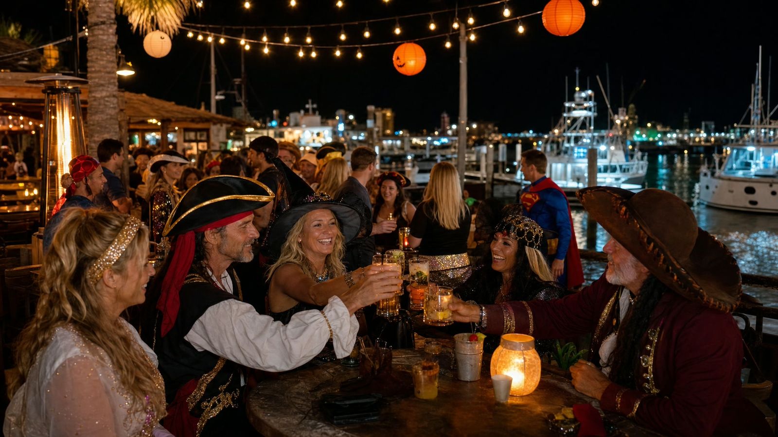 Halloween costume-wearing crowd celebrating at an outdoor waterfront bar at Destin HarborWalk Village with lit-up boats behind them