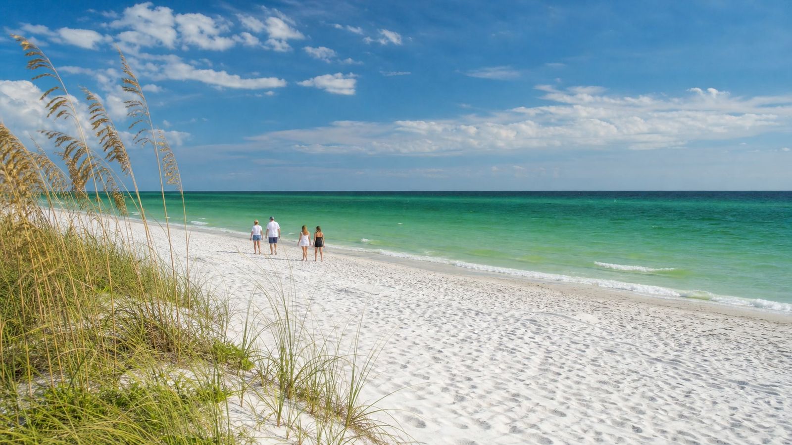 Nearly empty Destin beach with emerald Gulf water on a warm sunny October afternoon showing uncrowded fall conditions