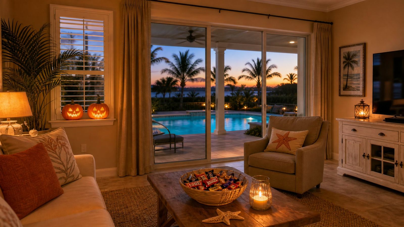 Florida vacation rental living room with glowing Halloween pumpkins and a private pool visible through the glass doors in October evening light