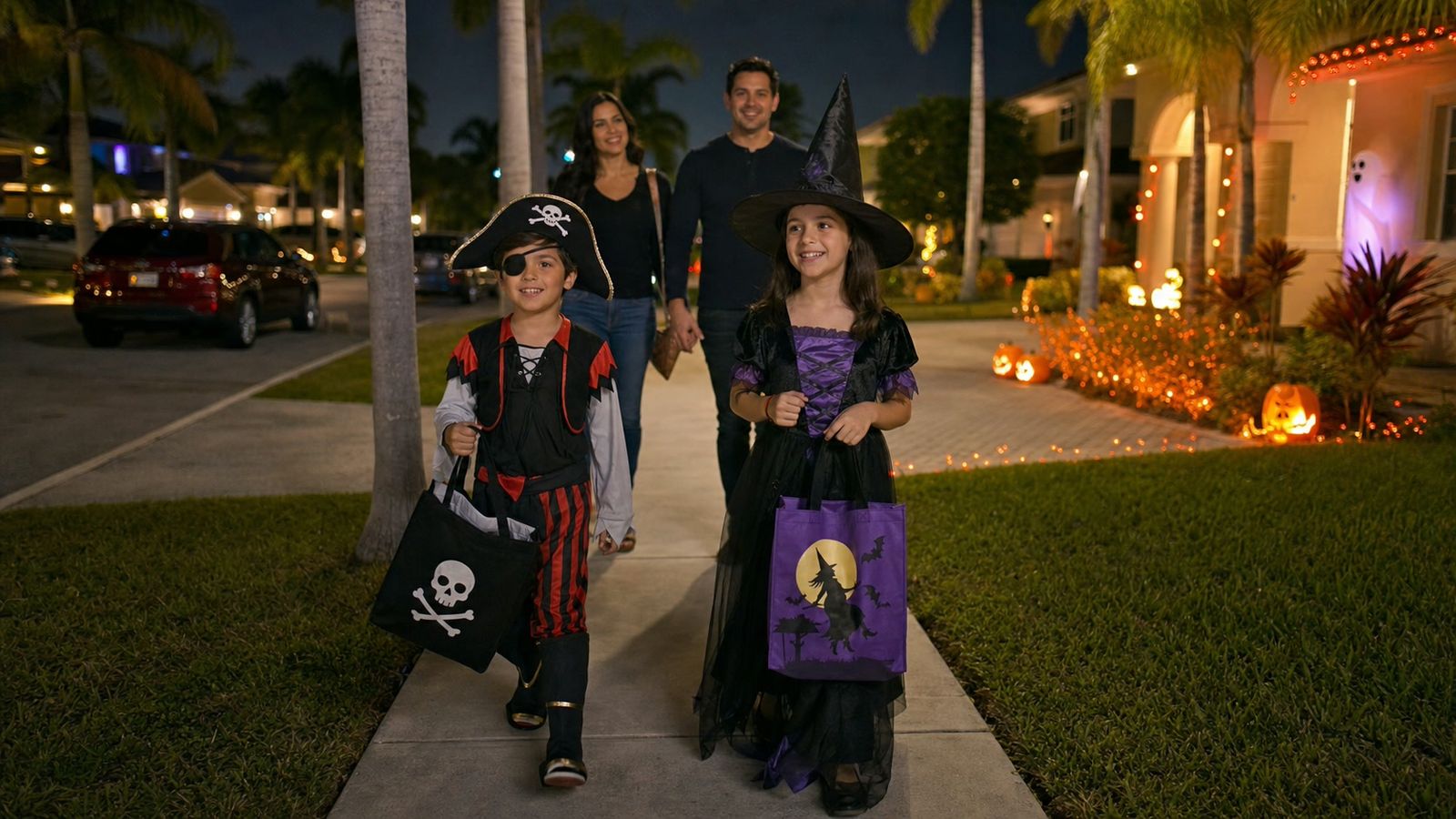 Children in Halloween costumes trick-or-treating on a decorated Florida neighborhood street near Destin with palm trees and pumpkins