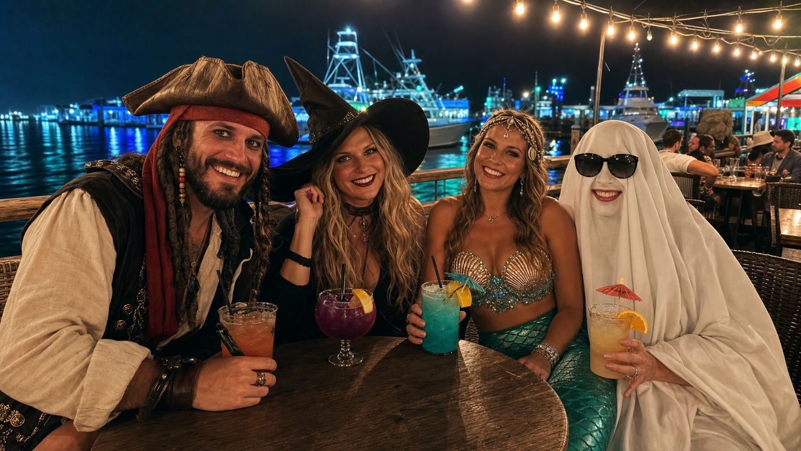 Adults in Halloween costumes enjoying themed drinks at an outdoor waterfront bar at Destin Harbor on Halloween night