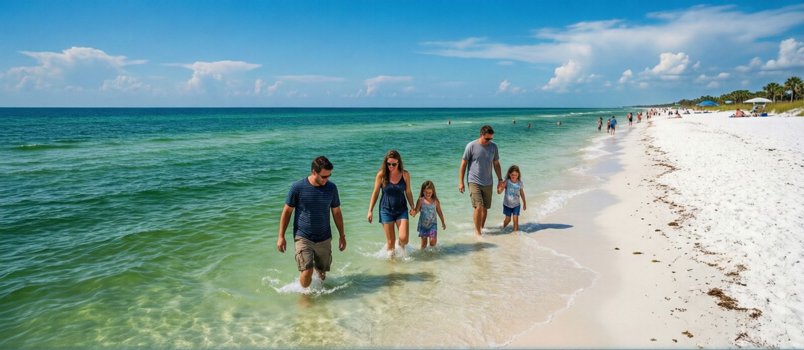 Family wading in shallow emerald Gulf water at Henderson Beach State Park Destin with white sand beach and blue sky