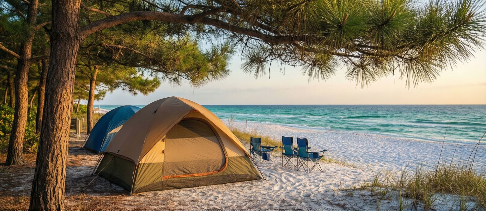 Tent camping site at Henderson Beach State Park Destin Florida with sand pine canopy and golden hour light