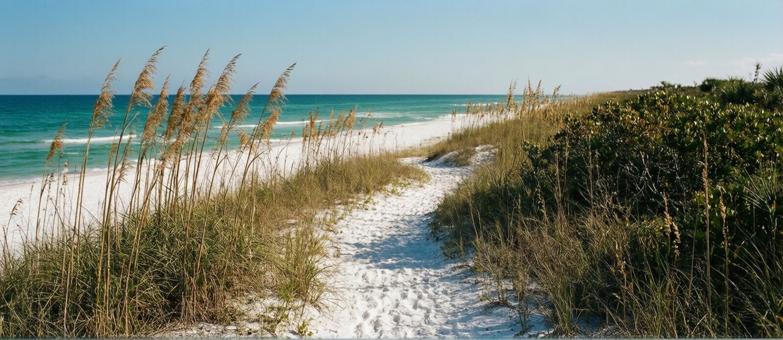 Winding coastal dune nature trail through sea oats and scrub vegetation at Henderson Beach State Park Destin Florida on a clear day