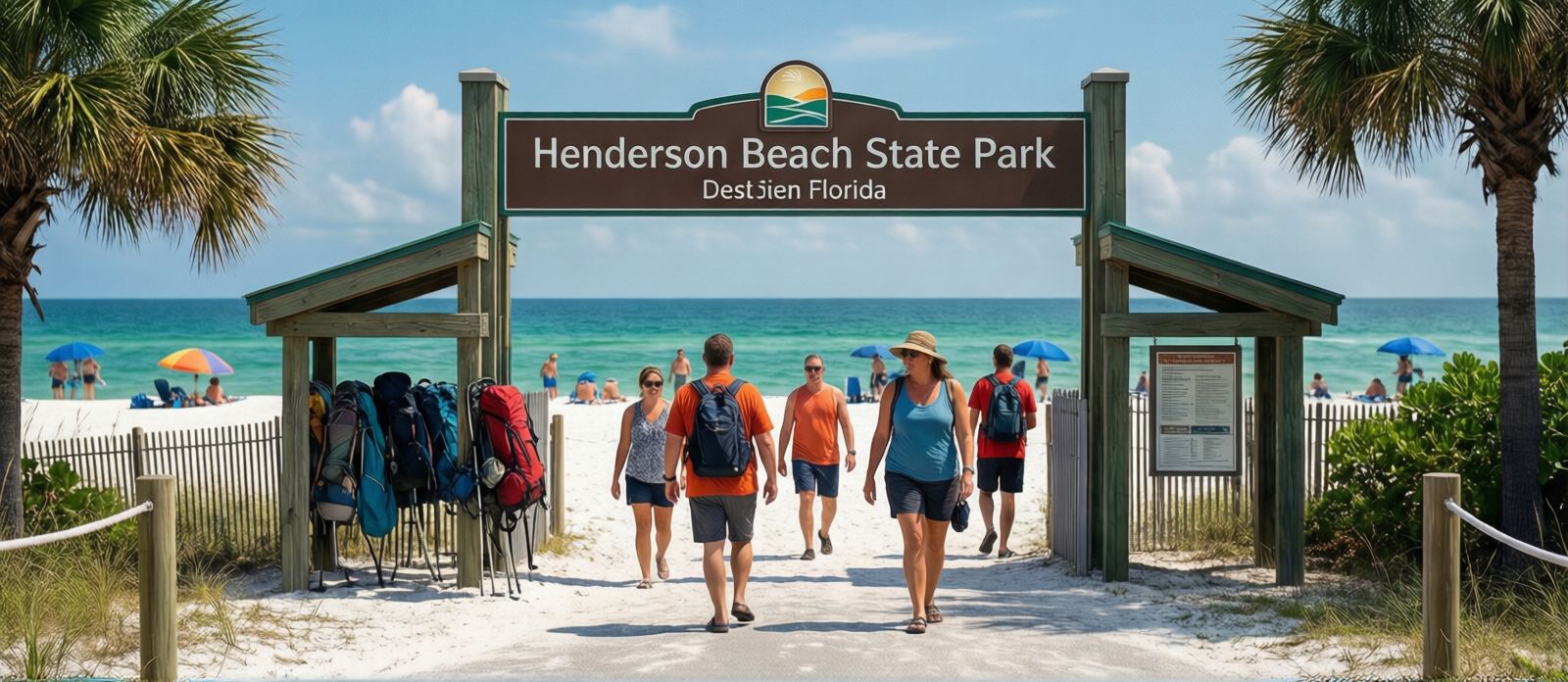 Visitors arriving at Henderson Beach State Park entrance in Destin Florida on a sunny summer morning with beach gear