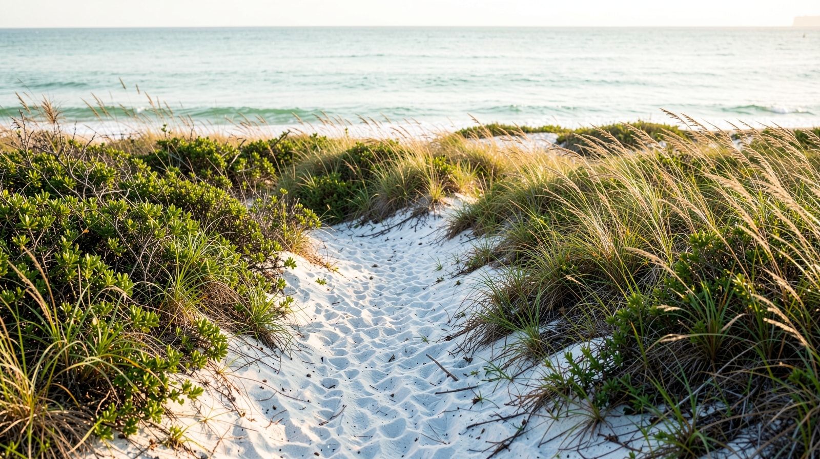 Sandy nature trail winding through coastal scrub and sea oats at Henderson Beach State Park in Destin Florida in soft morning light