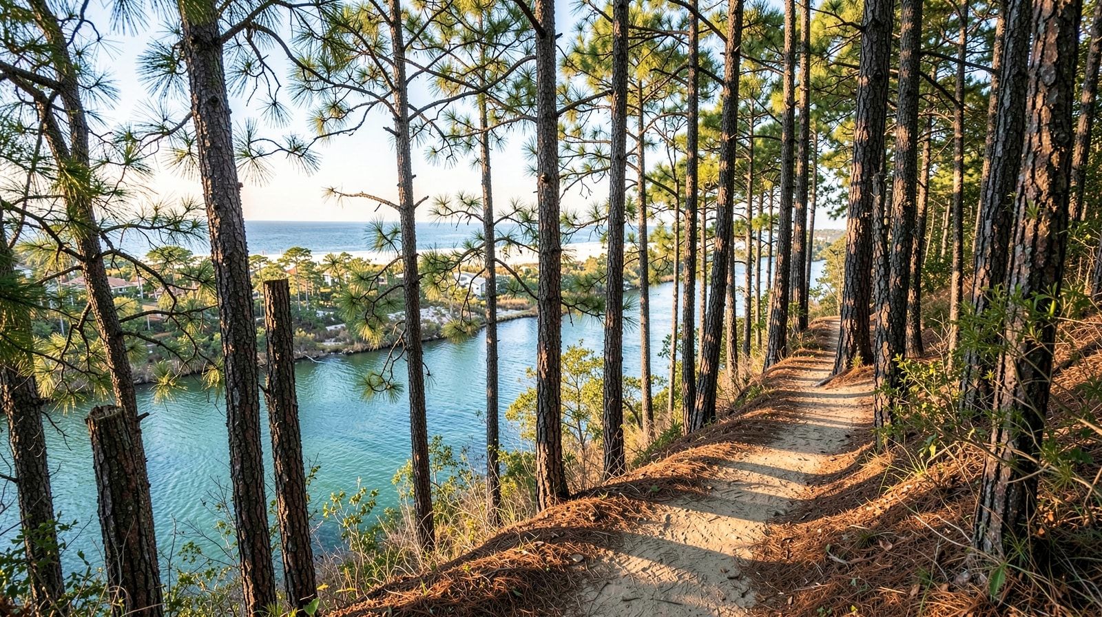 Forest trail along bluffs above Rocky Bayou at Rocky Bayou State Park near Niceville Florida with views of blue-green bayou water through longleaf pines in afternoon light