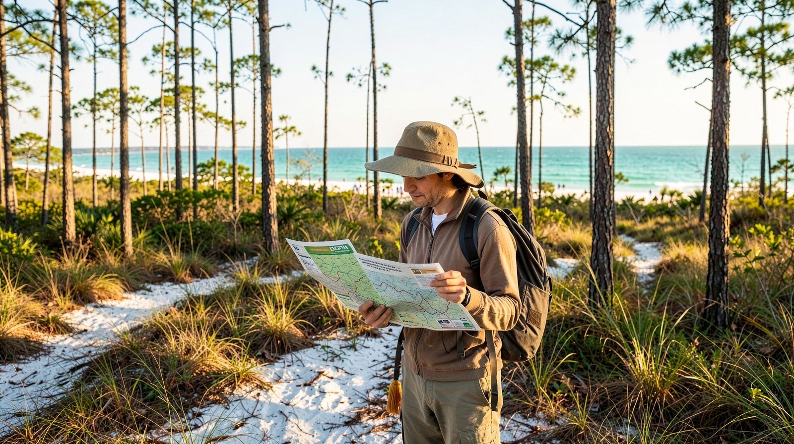 Solo hiker in a sun hat checking a trail map at a Florida panhandle state park trailhead surrounded by longleaf pine flatwoods in early morning light