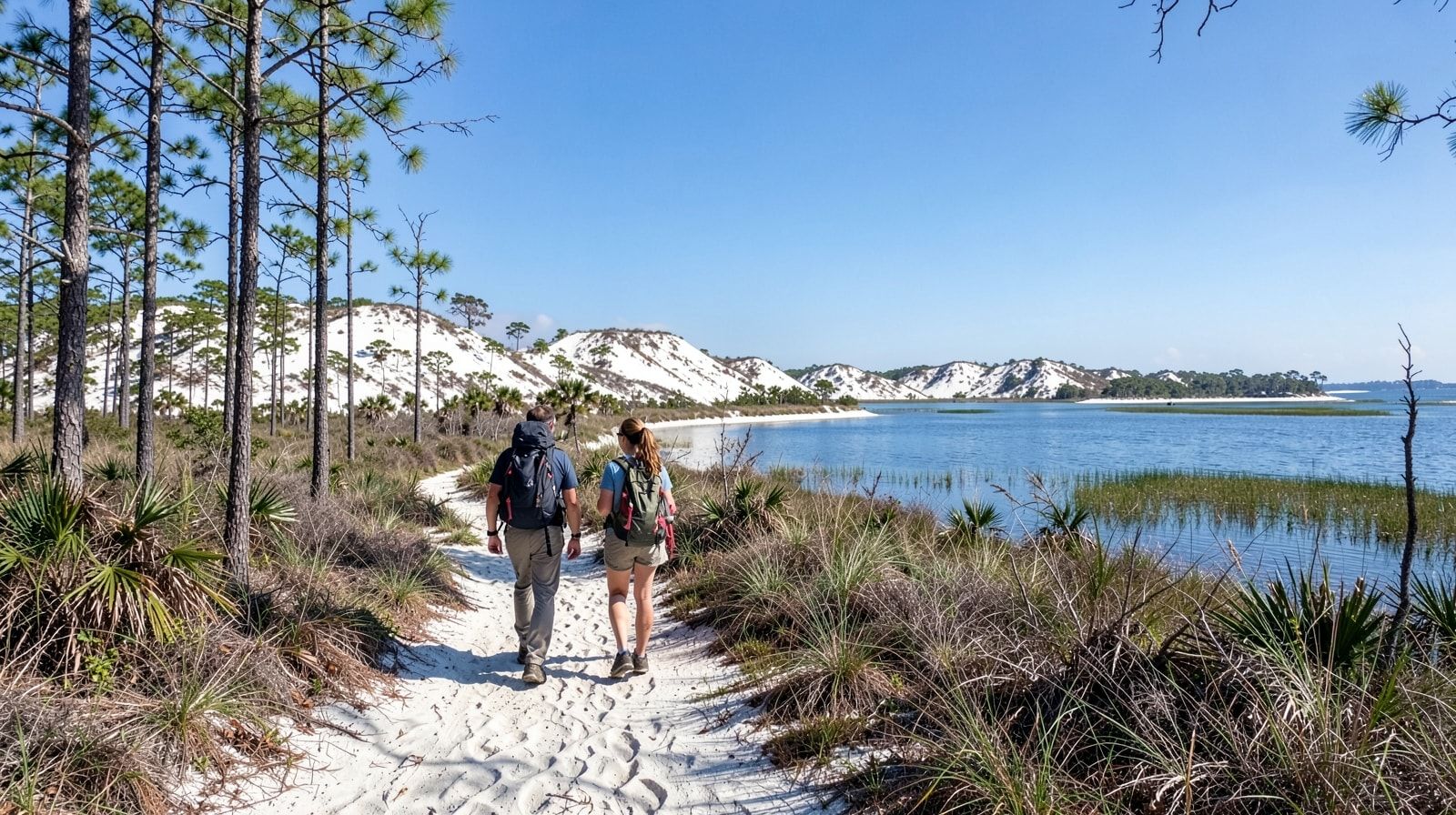 Two hikers walking a sandy trail through longleaf pine flatwoods approaching a coastal dune lake at Topsail Hill Preserve State Park in Florida with dramatic white dunes in the background