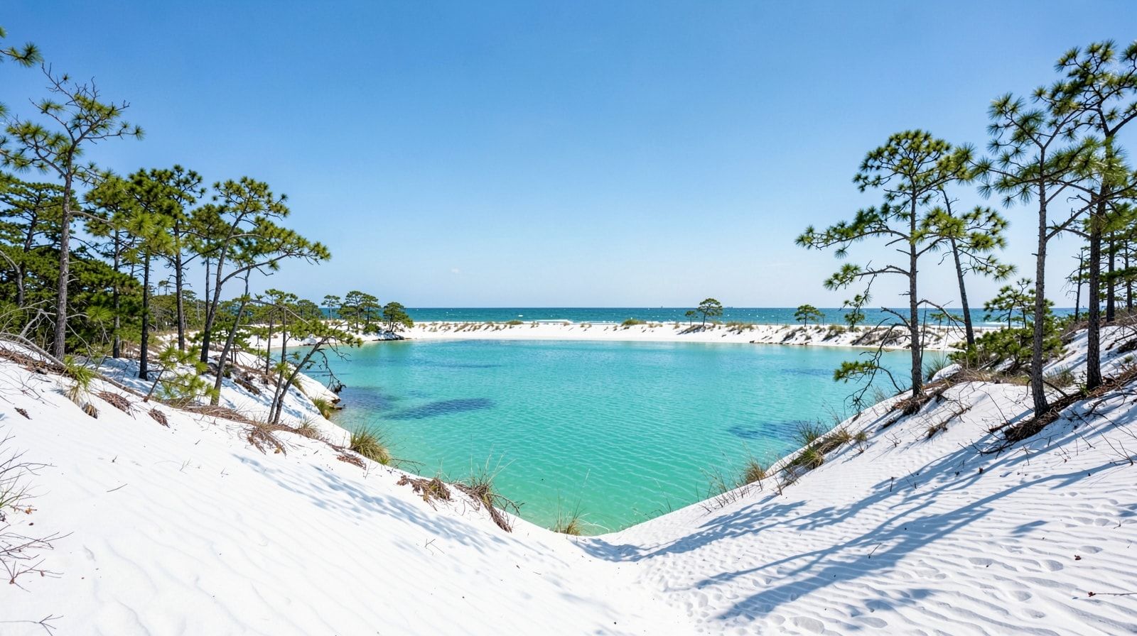 Rare coastal dune lake in the Florida Panhandle with turquoise freshwater surrounded by towering white sand dunes and longleaf pines under clear blue sky