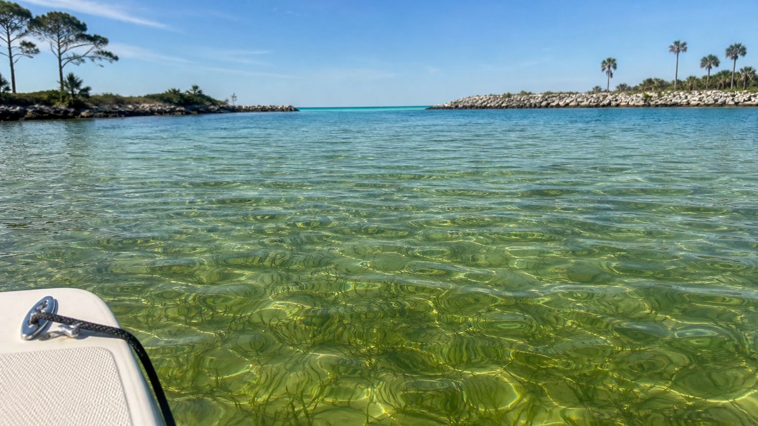 View from a fishing skiff over shallow Choctawhatchee Bay grass flat near Destin Florida