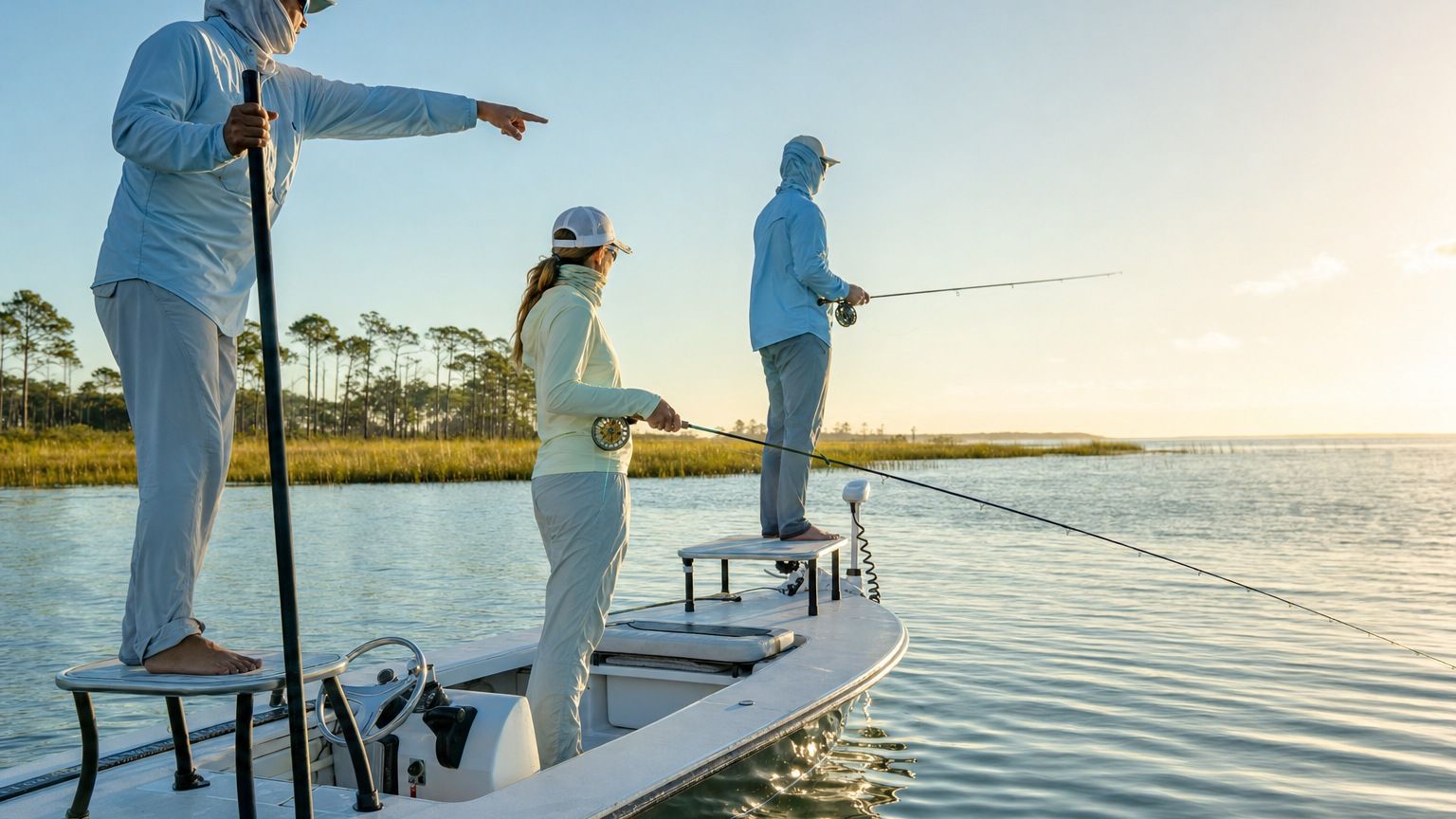 Fishing guide captain with clients on a flats boat in shallow Florida Panhandle bay waters