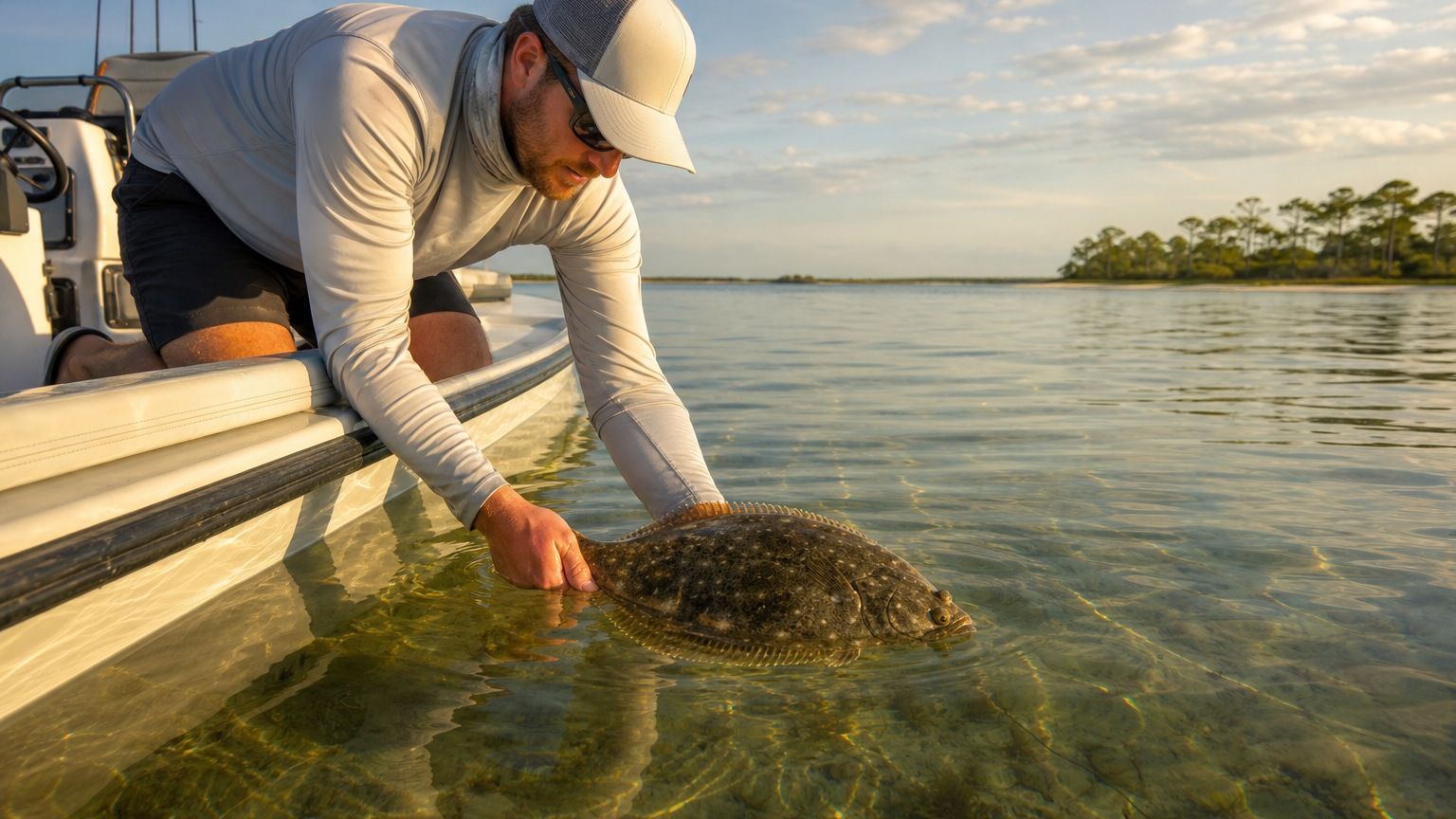 Angler releasing a flounder into Choctawhatchee Bay near Destin Florida