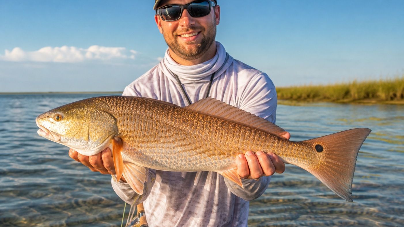 Angler holding a copper-colored redfish caught on a Choctawhatchee Bay grass flat near Destin Florida