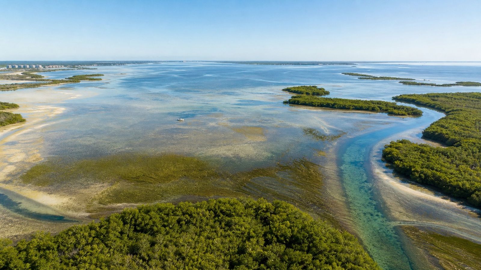 Aerial view of Choctawhatchee Bay grass flats and mangrove estuary near Destin Florida