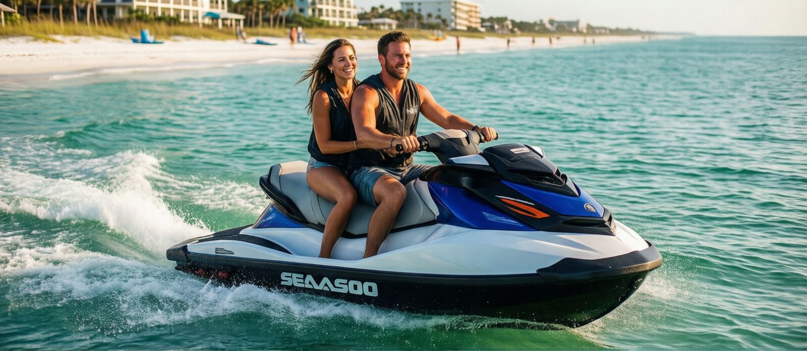 Smiling couple on a double Sea-Doo jet ski cruising calm turquoise Choctawhatchee Bay water near Destin Florida on a summer afternoon